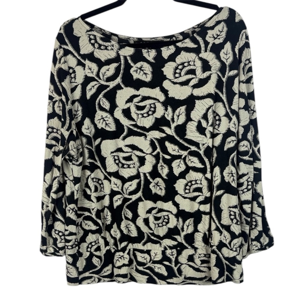 Lucky Brand Chic Black Light Gray Bold Floral Patterned Dolman Sleeve XL Blouse